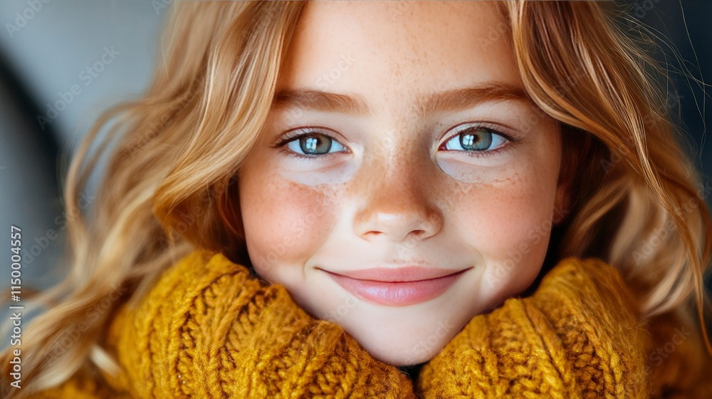 Portrait of a Smiling Girl with Freckles in a Yellow Knit Sweater Portrait of a Smiling Girl with Freckles in a Yellow Knit Sweater