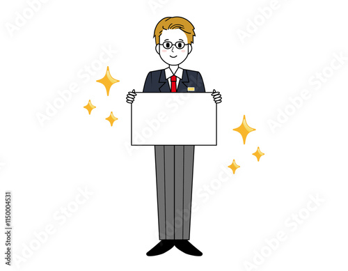 接客をする男性販売員のイラスト　男性のビジネスマンの全身イラスト