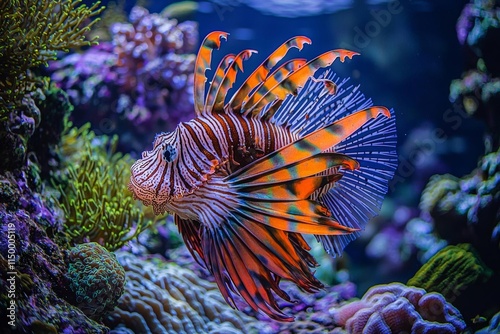 miles lionfish Swimming in coral under the sea , isolated on white background,  , copy space, copy space for text, photo