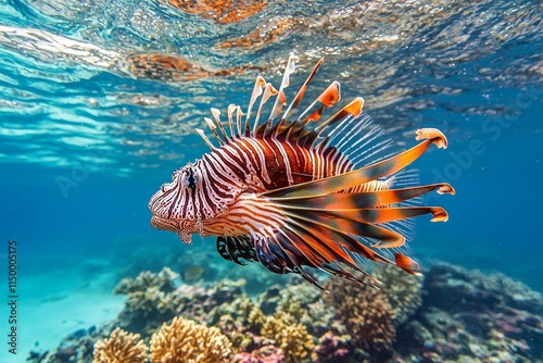 miles lionfish Swimming in coral under the sea , isolated on white background,  , copy space, copy space for text,