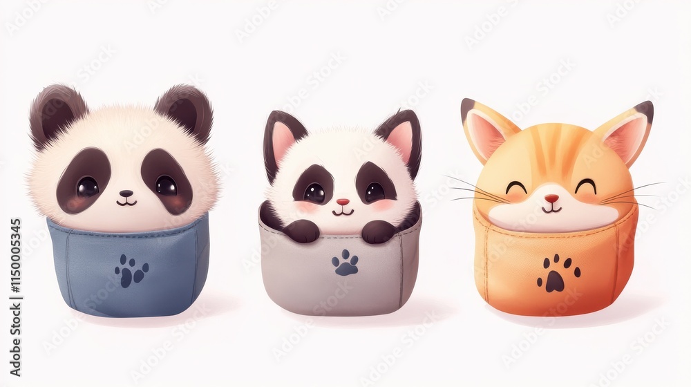 Fototapeta premium Cute pocket animal. Cartoon pockets kitten, dog and bunny. Happy friends for kids, adorable pets print. Funny nowaday panda, fox and cats vector kit