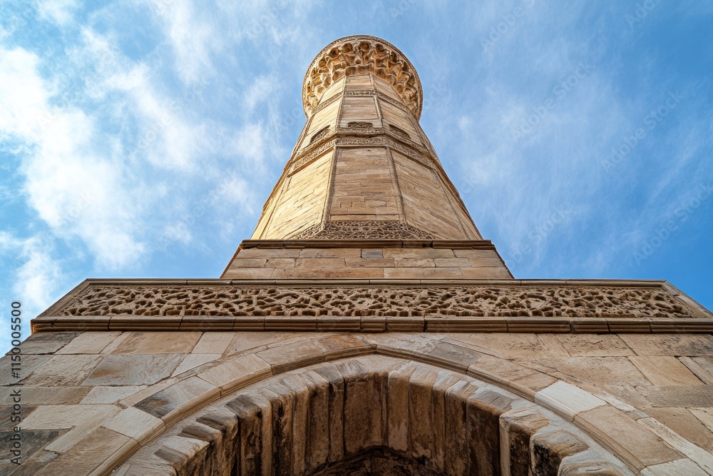 Fototapeta premium A towering historical structure against a blue sky, showcasing intricate stonework and design.