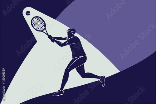 A black silhouette of a tennis player hitting a se