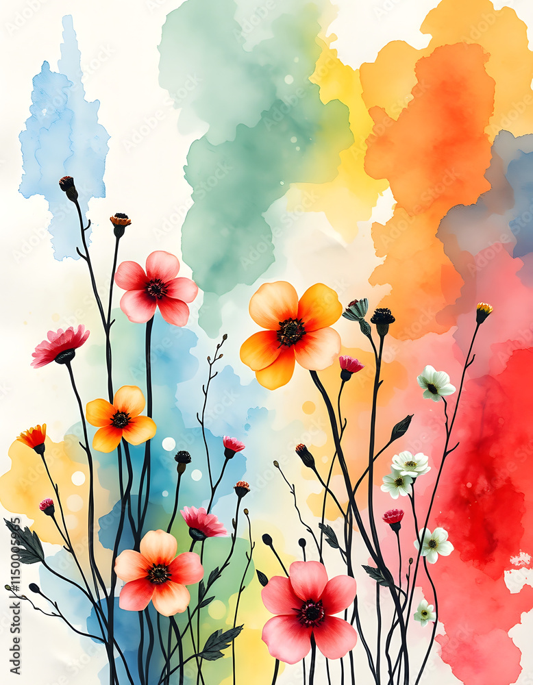 Obraz premium Grunge style beautiful, colorful, abstract art. Paper texture. Colorful painting. Watercolor background with flowers and plants, dramatic, with white tones