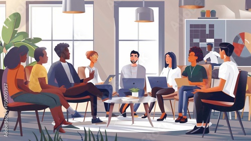 Diverse individuals collaborate modern office seated standing mix natural artificial light focused productive teamwork