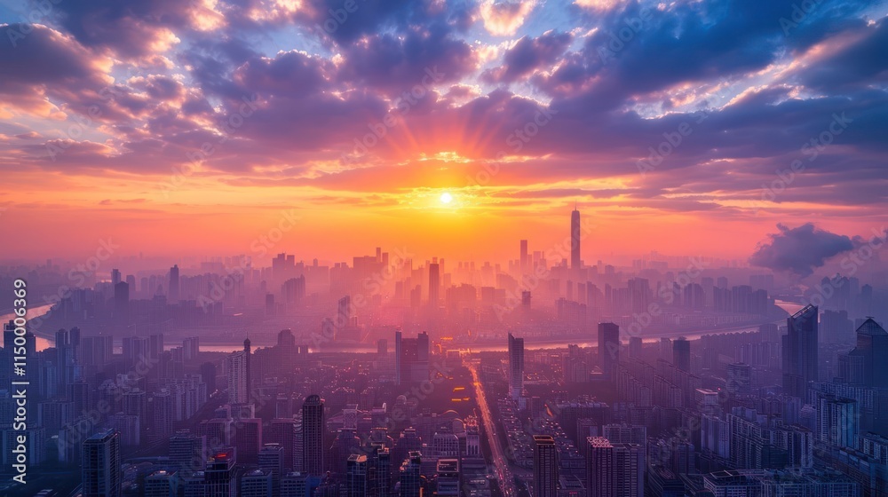Fototapeta premium A breathtaking cityscape at sunrise, showcasing skyscrapers and vibrant clouds.