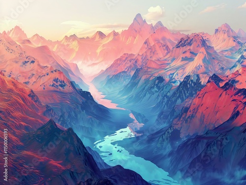 Wallpaper Mural Breathtaking aerial view mountainous landscape bathed warm hues river winding through heart mountains reflecting colors sky Torontodigital.ca