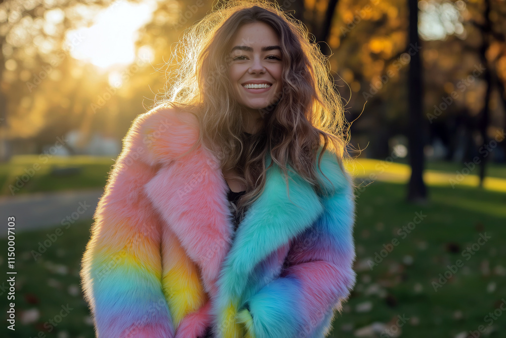 Vibrant fashion shot of a faux fur coat in rainbow colors, worn by a smiling model in a park during golden hour.