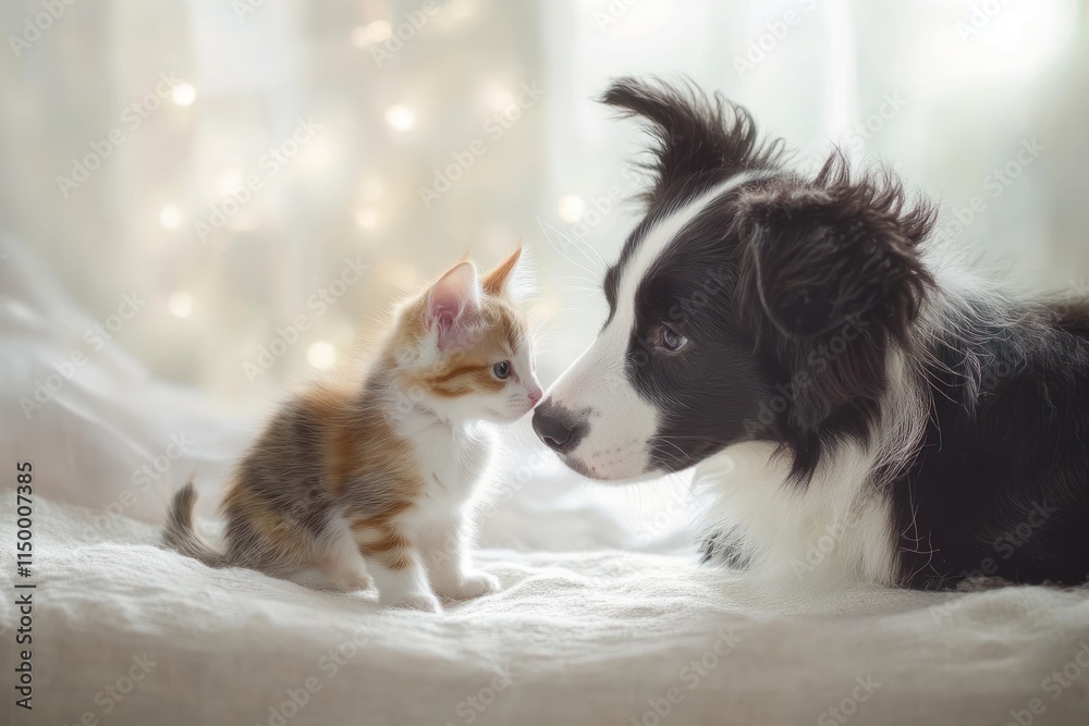 A kitten and a puppy share a tender moment, showcasing their friendship and innocence.