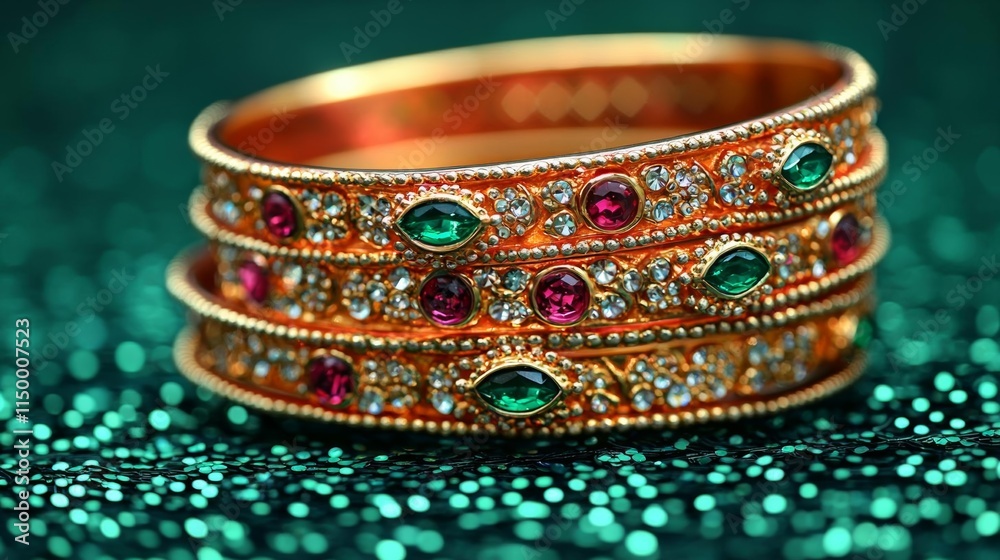 Ornate bangle set with embedded gems Ornate bangle set with embedded gems