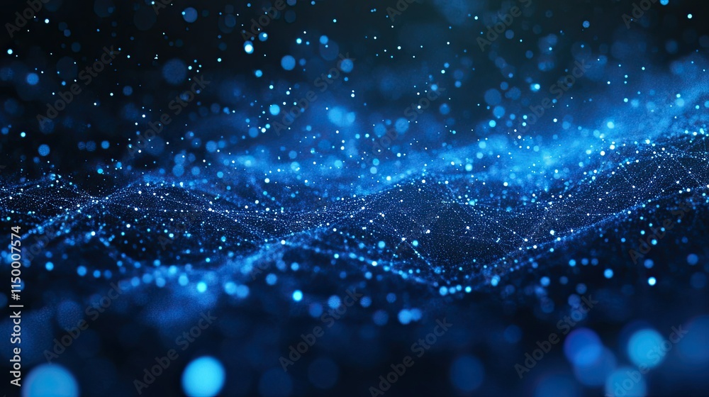 Abstract dark blue digital background with sparkling blue light particles and areas with deep depths Particles form into lines, surfaces and grids Abstract dark blue digital background with sparkling blue light particles and areas with deep depths Particles form into lines, surfaces and grids