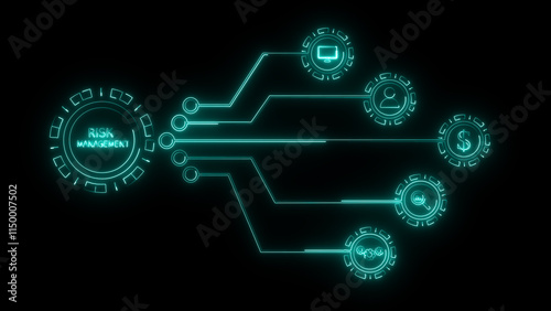 glowing neon line Risk Management system and process Isolated on Black Background