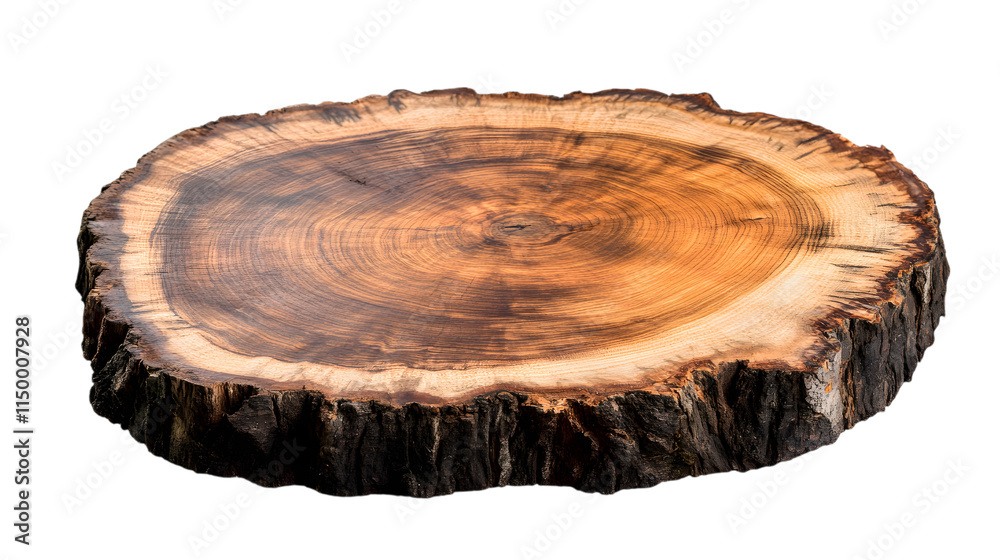 Rustic wooden table slice with bark edges and visible growth rings, perfect for organic-themed decor projects. Isolated on transparent background