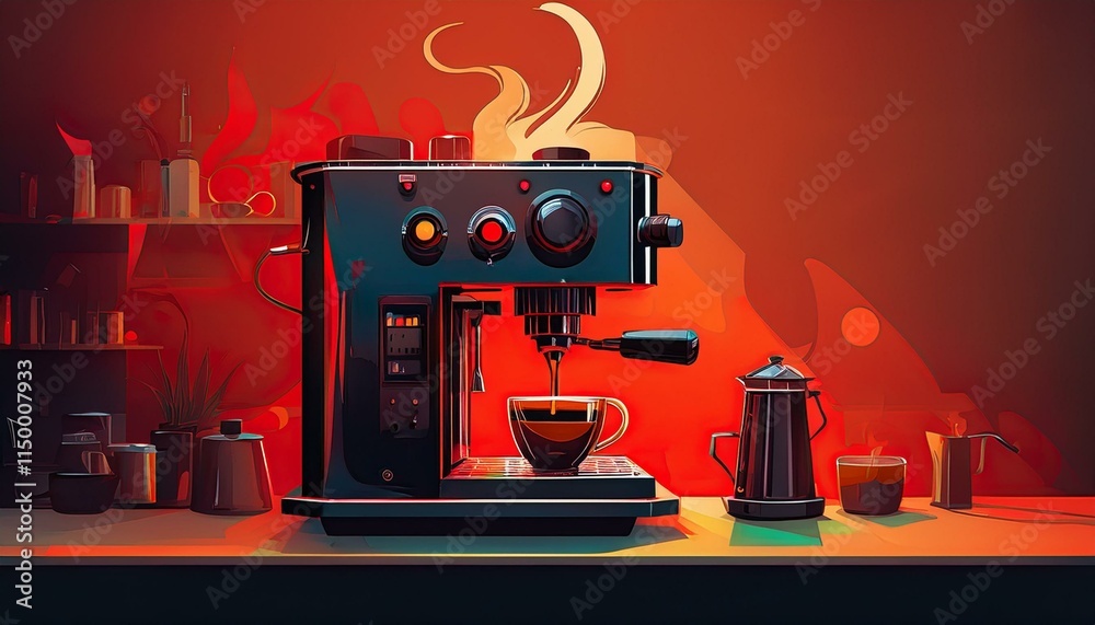 Naklejka premium Generated image coffee, espresso, brewing, barista, cafe, beverage, machine, steam, kitchen, red lighting