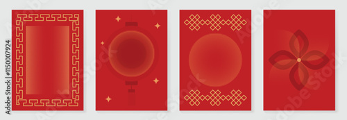 Chinese New Year 2025 greeting card background vector. Collection of Chinese festival with lantern, flower, line and dot texture. Elegant oriental illustration for cover, poster, envelope, calendar.