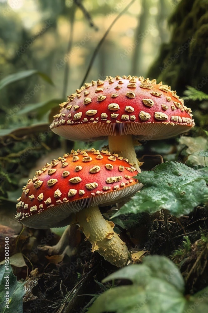 Close-up of two Amanita muscaria mushrooms in the forest Close-up of two Amanita muscaria mushrooms in the forest