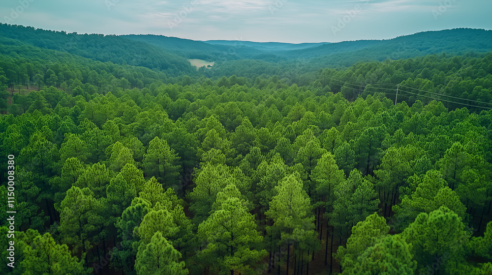 Obraz premium forest shrouded in mist, with tall trees standing against the backdrop of a gray sky