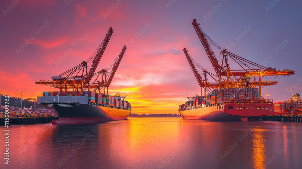 Two cargo ships docked at vibrant port during sunset with colorful skies