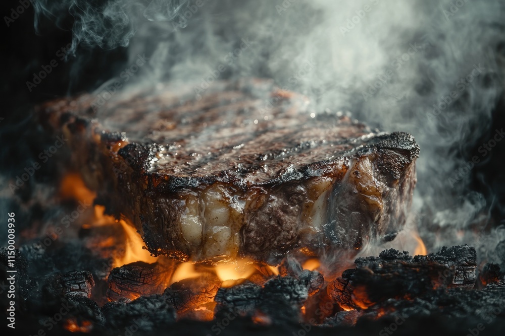 A perfectly grilled steak sizzling over hot coals, exuding smoke and flavor. A perfectly grilled steak sizzling over hot coals, exuding smoke and flavor.