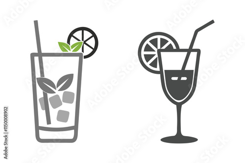 Elegant Party Drink Icons Lemon Slice and Glass Vector Graphics.