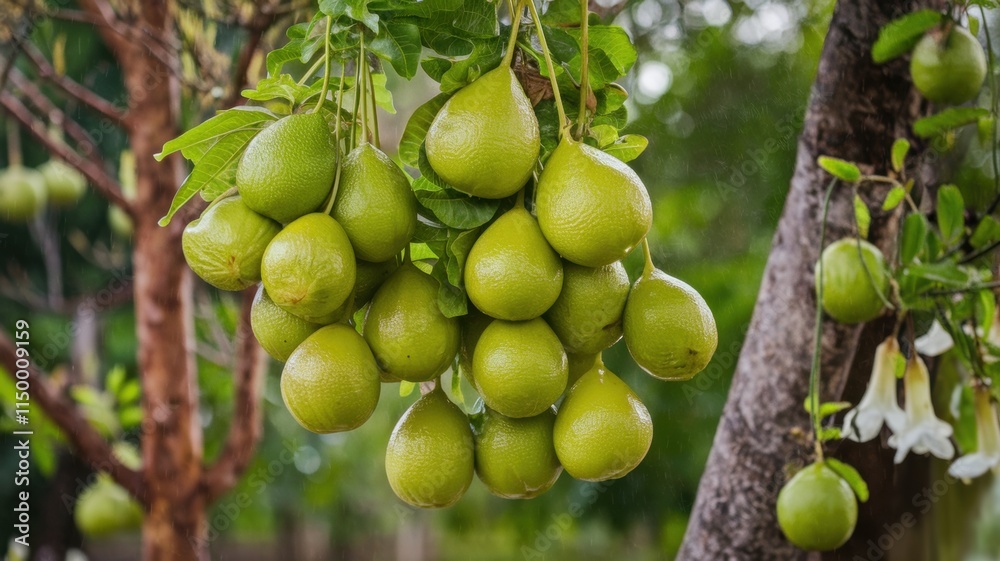 Photo of ripe guava fruits hanging from their stems. The fruits are surrounded by fresh green foliage. There are fruit trees in the background. The background is blurred. Photo of ripe guava fruits hanging from their stems. The fruits are surrounded by fresh green foliage. There are fruit trees in the background. The background is blurred.