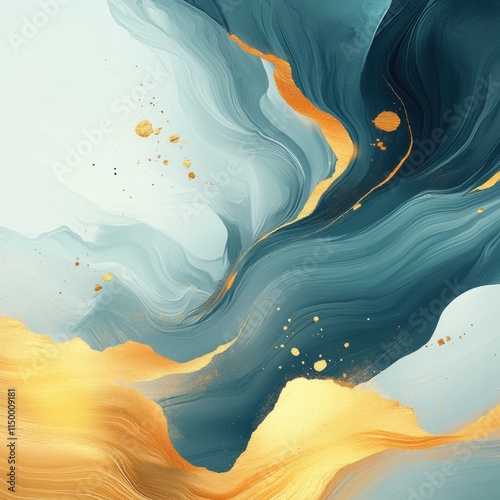 Painting of a blue and gold wave with gold splatters