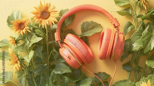 bright orange headphones are believed to be late ivy. sunflowers sprout from ear buds photo