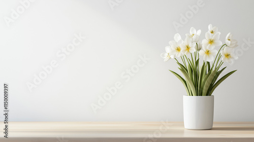 A white pot with spring flowers with natural light, white background and copy space for text.	