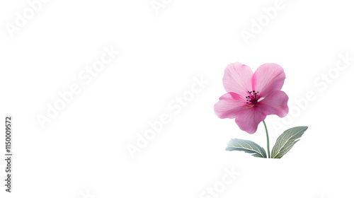 Pink flower blooming against a stark snowy landscape, symbolizing resilience and beauty in a harsh environment. Isolated on white background