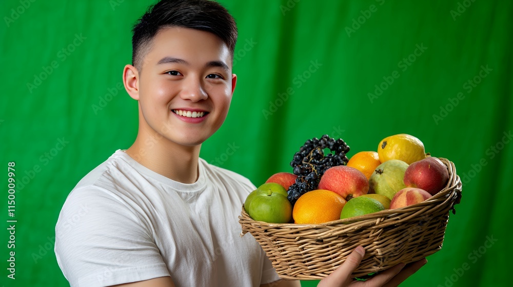 Smiling Man Holding a Basket of Fresh Fruits Against a Green Background Smiling Man Holding a Basket of Fresh Fruits Against a Green Background