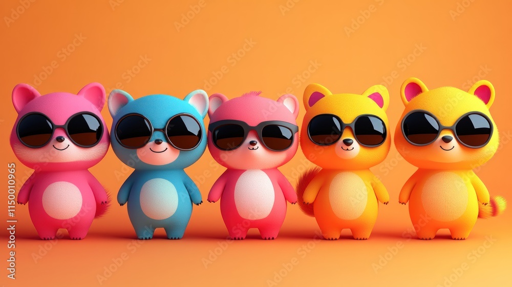 Obraz premium Five colorful bears wear sunglasses.