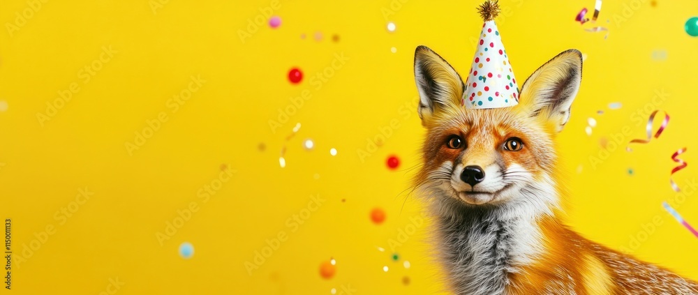 Fototapeta premium A festive fox wearing a party hat against a cheerful yellow background with confetti.