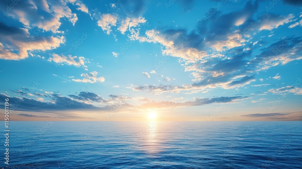 Obraz premium A serene sunrise over the calm ocean horizon with fluffy clouds