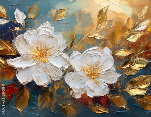 Generated image Decorative floral background with white flowers and golden leaves