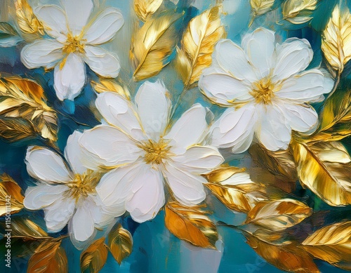 Generated image Decorative floral background with white flowers and golden leaves