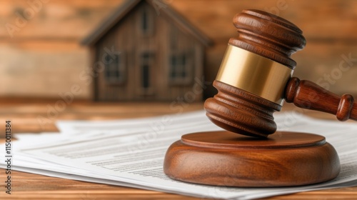 Home loan title concept. A wooden gavel rests on legal documents, symbolizing justice and legal proceedings, with a small house silhouette in the background.