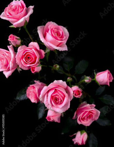 Wallpaper with vintage bouquet of pink roses on black background, 8k, with white tones