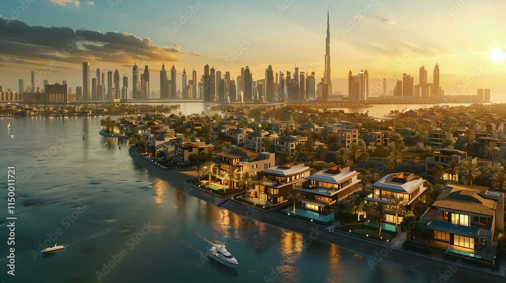 Fototapeta premium Coastal citys modern skyscrapers stand tall against setting sun reflected rivers calm waters amidst bustling waterfront scene