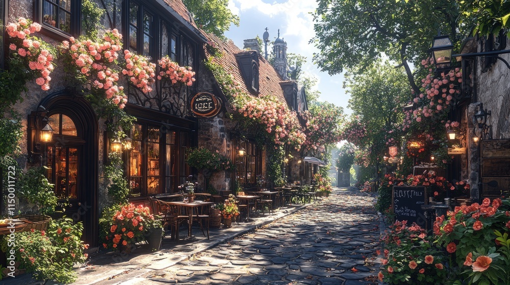 Flower-draped street, cobblestone path, charming shops. Flower-draped street, cobblestone path, charming shops.