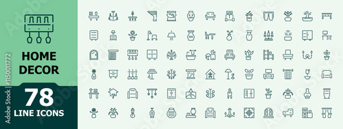 Home Decor icon set. It contains symbols to decoration, desk, indoor, renovation, furniture, mirror and more. Simple and minimalist icon designs.