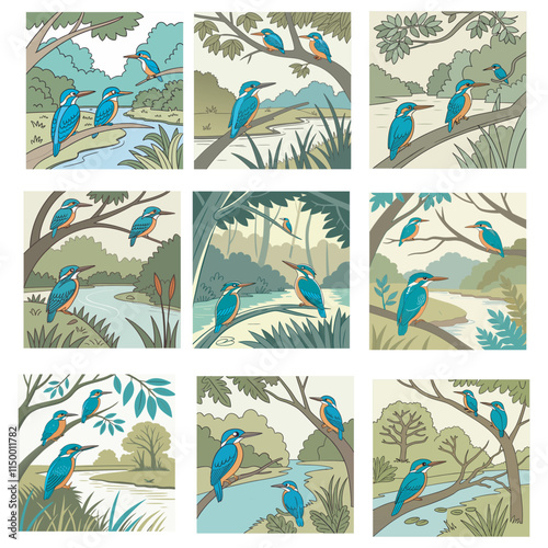 The common kingfisher wetlands birds's colored feathers from different birds that live in ponds, and swamps.