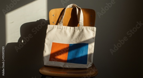 canvas tote bag, minimalist design, eco-friendly, cream color, wooden chair soft lighting photo