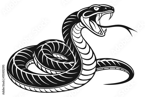 A coiled snake with its tongue flicking, a black silhouette vector image on a white background