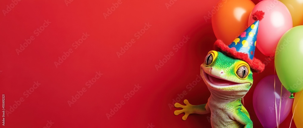 A cheerful frog wearing a party hat, surrounded by colorful balloons against a red background. A cheerful frog wearing a party hat, surrounded by colorful balloons against a red background.