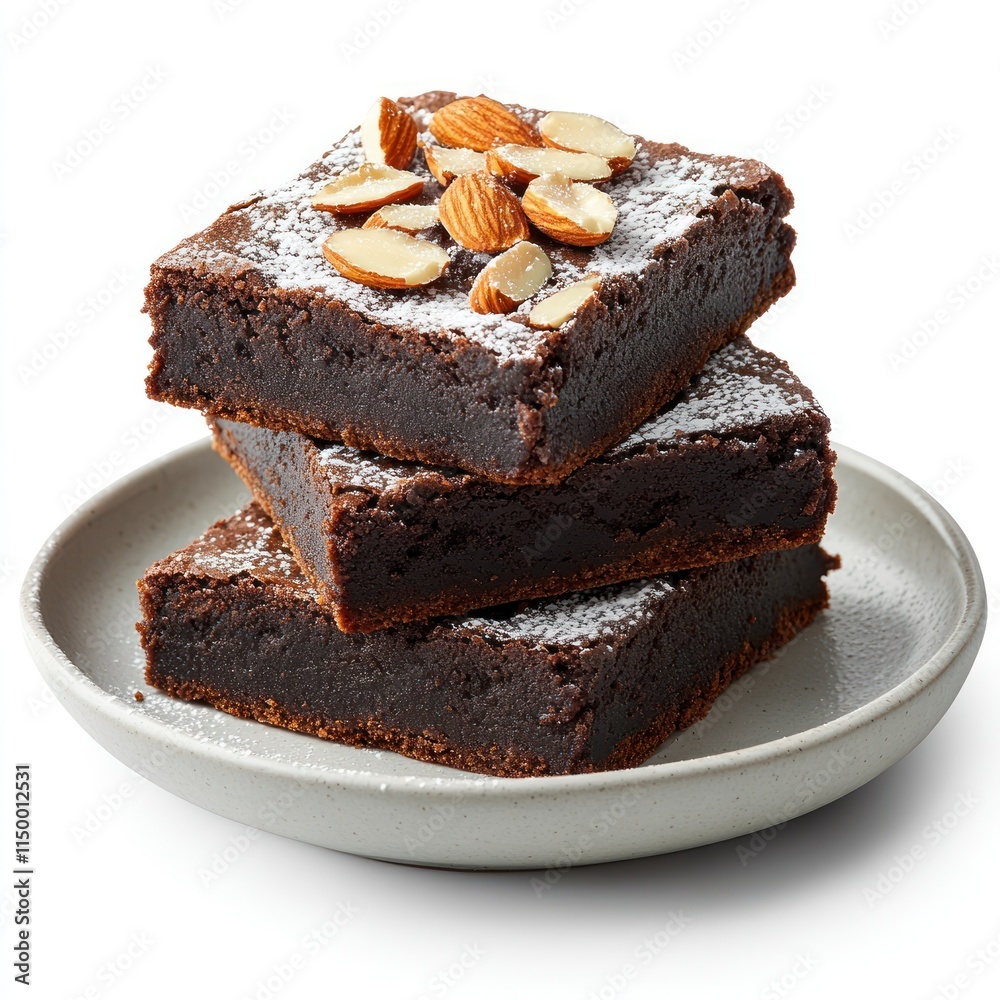 Three delicious chocolate brownies topped with almonds and powdered sugar on a plate. Three delicious chocolate brownies topped with almonds and powdered sugar on a plate.