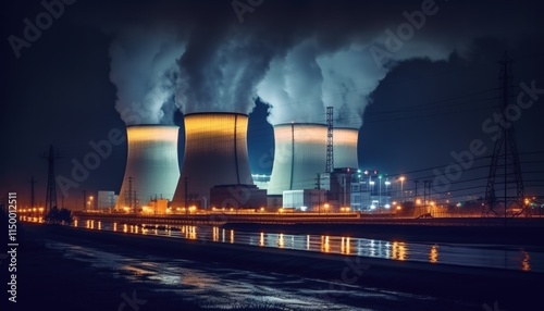 Night View of Nuclear Power Plant with Illuminated Cooling Towers Under a Starry Sky Reflecting on Calm Water Surface photo