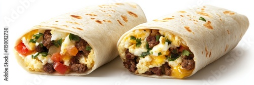 A breakfast burrito cut in half to display its egg-filled interior, positioned neatly on a white background