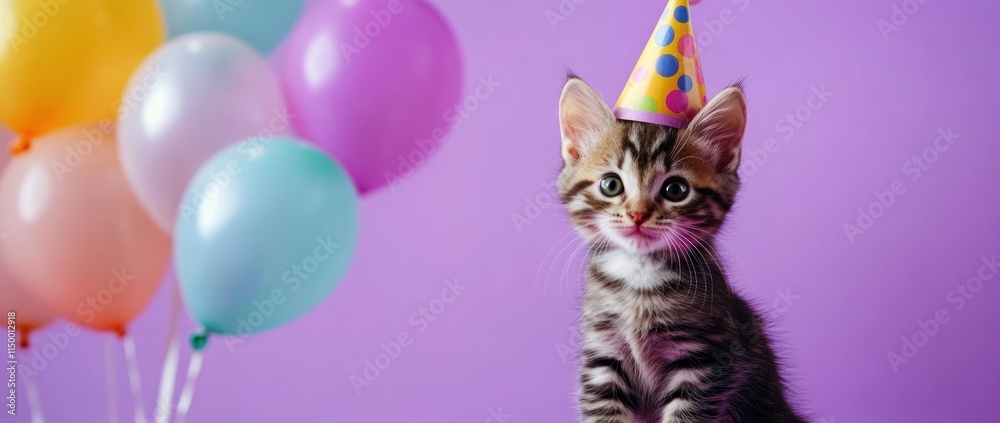 Fototapeta premium Cute kitten wearing a party hat with colorful balloons in the background.