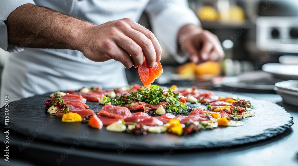 Chef carefully arranging slices of raw fish on a black slate platter for a gourmet dish. Chef carefully arranging slices of raw fish on a black slate platter for a gourmet dish.
