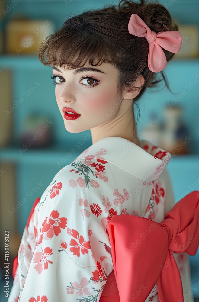 A beautiful Russian woman stands sideways to the camera, wearing an elegant Japanese-style kimono A beautiful Russian woman stands sideways to the camera, wearing an elegant Japanese-style kimono